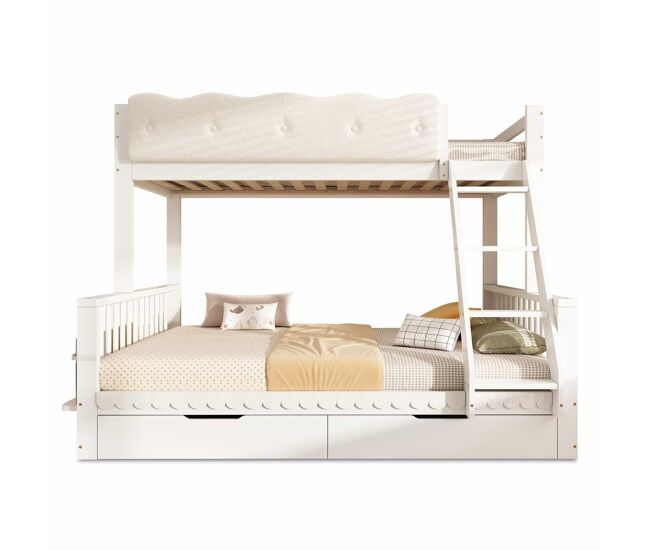 Litera infantil 90x200/140x200 cm - cama familiar de madera con barandilla nube, cajones y revistero - blanco