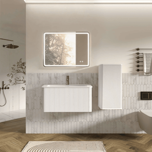 Conjunto de mobiliário de casa de banho de 61 cm u2013 suspenso com lavatório, espelho LED quadrado e armário auxiliar moderno u2013 Branco Conjunto de mobiliário de casa de banho de 61 cm u2013 suspenso com lavatório, espelho LED quadrado e armário auxiliar moderno u2013 Branco