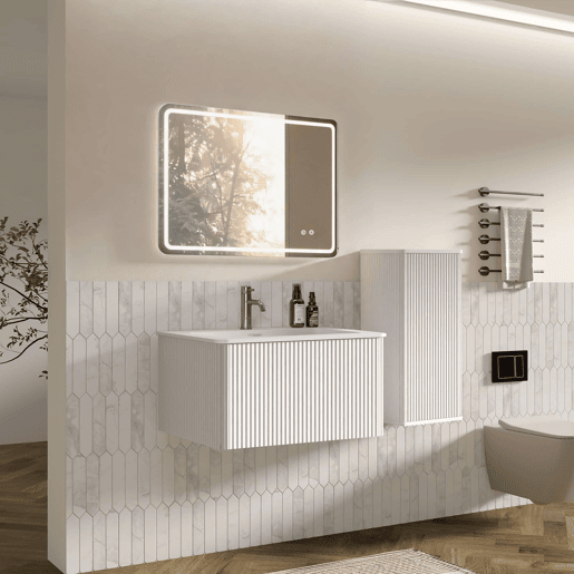 Conjunto de mobiliário de casa de banho de 61 cm u2013 suspenso com lavatório, espelho LED quadrado e armário auxiliar moderno u2013 Branco Conjunto de mobiliário de casa de banho de 61 cm u2013 suspenso com lavatório, espelho LED quadrado e armário auxiliar moderno u2013 Branco