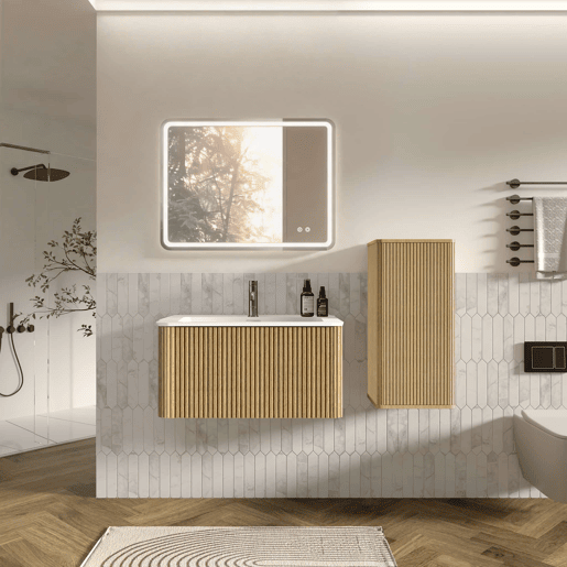Conjunto de mobiliário de casa de banho de 81 cm u2013 suspenso com lavatório, espelho LED quadrado e armário auxiliar moderno u2013 carvalho