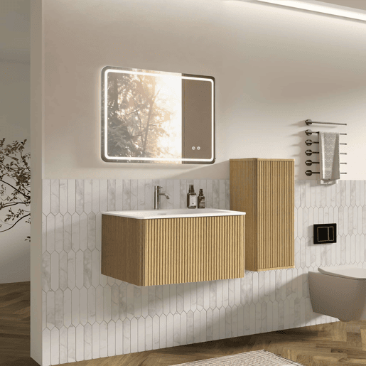 Conjunto de mobiliário de casa de banho de 81 cm u2013 suspenso com lavatório, espelho LED quadrado e armário auxiliar moderno u2013 carvalho