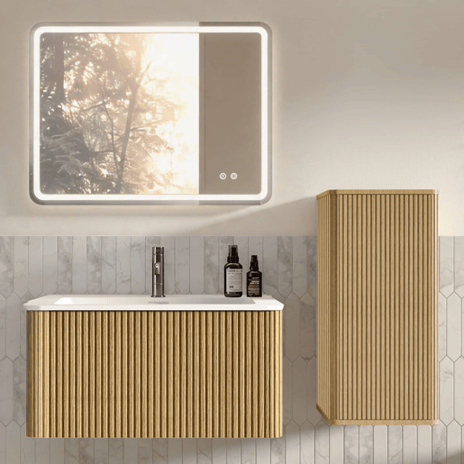 Conjunto de mobiliário de casa de banho de 81 cm u2013 suspenso com lavatório, espelho LED quadrado e armário auxiliar moderno u2013 carvalho