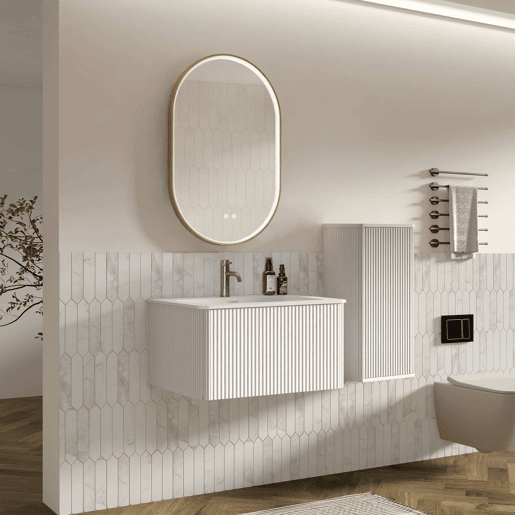 Conjunto de mobiliário de casa de banho de 81 cm u2013 suspenso com lavatório, armário auxiliar e espelho LED oval com moldura dourada u2013 Branco Conjunto de mobiliário de casa de banho de 81 cm u2013 suspenso com lavatório, armário auxiliar e espelho LED oval com moldura dourada u2013 Branco