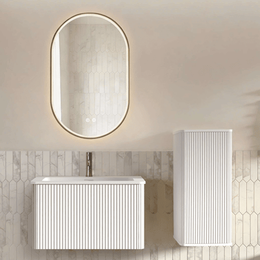 Conjunto de mobiliário de casa de banho de 81 cm u2013 suspenso com lavatório, armário auxiliar e espelho LED oval com moldura dourada u2013 Branco Conjunto de mobiliário de casa de banho de 81 cm u2013 suspenso com lavatório, armário auxiliar e espelho LED oval com moldura dourada u2013 Branco