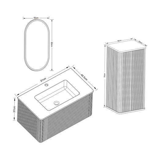 Conjunto de mobiliário de casa de banho de 81 cm u2013 suspenso com lavatório, armário auxiliar e espelho LED oval com moldura dourada u2013 Branco Conjunto de mobiliário de casa de banho de 81 cm u2013 suspenso com lavatório, armário auxiliar e espelho LED oval com moldura dourada u2013 Branco