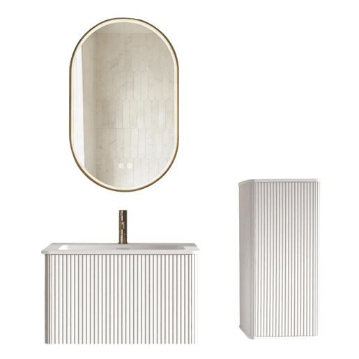 Conjunto de mobiliário de casa de banho de 61 cm u2013 lavatório suspenso, espelho LED oval com moldura dourada e armário auxiliar u2013 Branco Conjunto de mobiliário de casa de banho de 61 cm u2013 lavatório suspenso, espelho LED oval com moldura dourada e armário auxiliar u2013 Branco