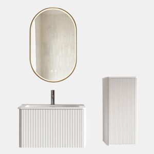 Conjunto de mobiliário de casa de banho de 61 cm u2013 lavatório suspenso, espelho LED oval com moldura dourada e armário auxiliar u2013 Branco