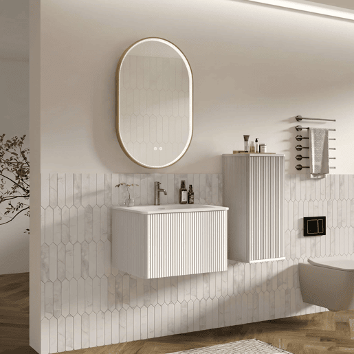 Conjunto de mobiliário de casa de banho de 61 cm u2013 lavatório suspenso, espelho LED oval com moldura dourada e armário auxiliar u2013 Branco Conjunto de mobiliário de casa de banho de 61 cm u2013 lavatório suspenso, espelho LED oval com moldura dourada e armário auxiliar u2013 Branco