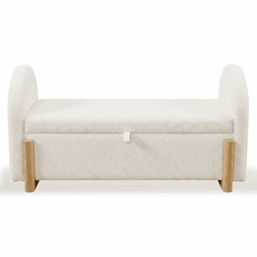 Banco com arrumação 106x47x61 cm - com arrumação hidráulica, estofo em chenille bouclé, abertura suave com sistema a gás, pés de madeira em forma de U, capacidade de carga de 150 kg - Branco Banco com arrumação 106x47x61 cm - com arrumação hidráulica, estofo em chenille bouclé, abertura suave com sistema a gás, pés de madeira em forma de U, capacidade de carga de 150 kg - Branco