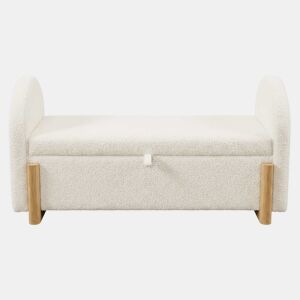 Banco com arrumação 106x47x61 cm - com arrumação hidráulica, estofo em chenille bouclé, abertura suave com sistema a gás, pés de madeira em forma de U, capacidade de carga de 150 kg - Branco