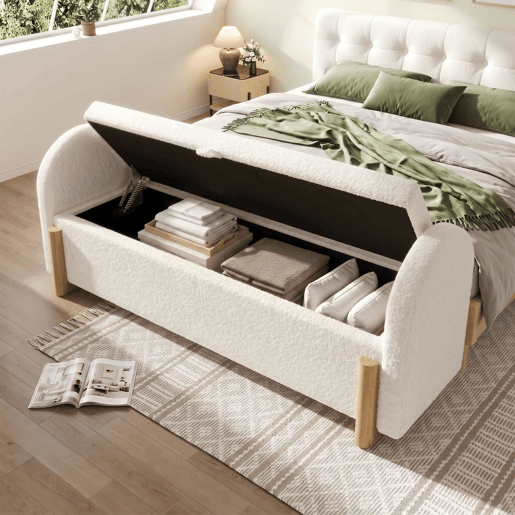 Banco com arrumação 106x47x61 cm - com arrumação hidráulica, estofo em chenille bouclé, abertura suave com sistema a gás, pés de madeira em forma de U, capacidade de carga de 150 kg - Branco Banco com arrumação 106x47x61 cm - com arrumação hidráulica, estofo em chenille bouclé, abertura suave com sistema a gás, pés de madeira em forma de U, capacidade de carga de 150 kg - Branco