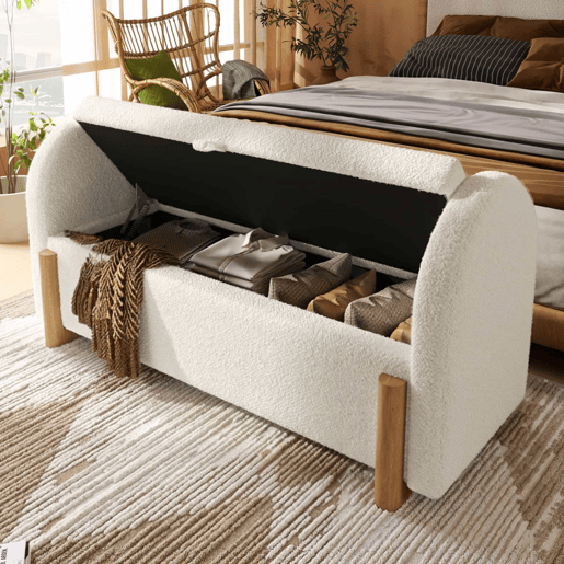Banco com arrumação 106x47x61 cm - com arrumação hidráulica, estofo em chenille bouclé, abertura suave com sistema a gás, pés de madeira em forma de U, capacidade de carga de 150 kg - Branco Banco com arrumação 106x47x61 cm - com arrumação hidráulica, estofo em chenille bouclé, abertura suave com sistema a gás, pés de madeira em forma de U, capacidade de carga de 150 kg - Branco
