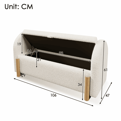 Banco com arrumação 106x47x61 cm - com arrumação hidráulica, estofo em chenille bouclé, abertura suave com sistema a gás, pés de madeira em forma de U, capacidade de carga de 150 kg - Branco Banco com arrumação 106x47x61 cm - com arrumação hidráulica, estofo em chenille bouclé, abertura suave com sistema a gás, pés de madeira em forma de U, capacidade de carga de 150 kg - Branco