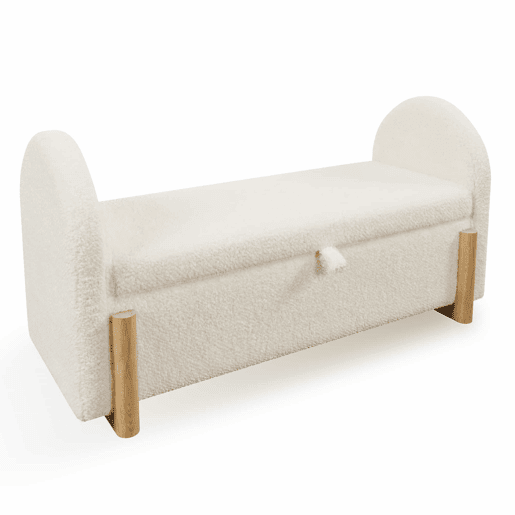 Banco com arrumação 106x47x61 cm - com arrumação hidráulica, estofo em chenille bouclé, abertura suave com sistema a gás, pés de madeira em forma de U, capacidade de carga de 150 kg - Branco Banco com arrumação 106x47x61 cm - com arrumação hidráulica, estofo em chenille bouclé, abertura suave com sistema a gás, pés de madeira em forma de U, capacidade de carga de 150 kg - Branco