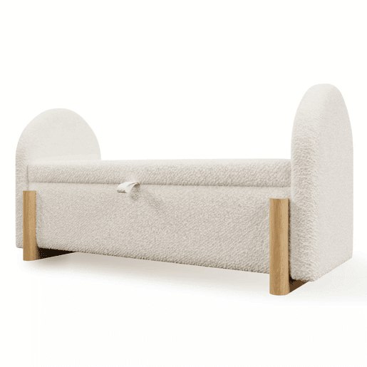 Banco com arrumação 106x47x61 cm - com arrumação hidráulica, estofo em chenille bouclé, abertura suave com sistema a gás, pés de madeira em forma de U, capacidade de carga de 150 kg - Branco Banco com arrumação 106x47x61 cm - com arrumação hidráulica, estofo em chenille bouclé, abertura suave com sistema a gás, pés de madeira em forma de U, capacidade de carga de 150 kg - Branco