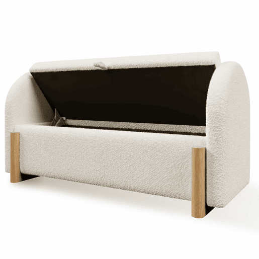 Banco com arrumação 106x47x61 cm - com arrumação hidráulica, estofo em chenille bouclé, abertura suave com sistema a gás, pés de madeira em forma de U, capacidade de carga de 150 kg - Branco Banco com arrumação 106x47x61 cm - com arrumação hidráulica, estofo em chenille bouclé, abertura suave com sistema a gás, pés de madeira em forma de U, capacidade de carga de 150 kg - Branco