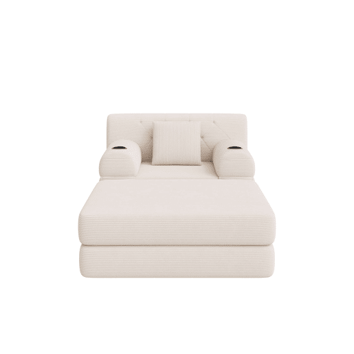 Sofá-cama individual de 1 lugar - poltrona reclinável em veludo com apoio para os pés, encosto alto, estrutura metálica, espuma de alta densidade, porta-copos e bolsos laterais - Bege