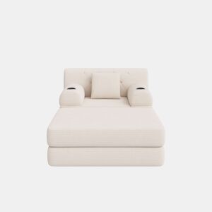Sofá-cama individual de 1 lugar - poltrona reclinável em veludo com apoio para os pés, encosto alto, estrutura metálica, espuma de alta densidade, porta-copos e bolsos laterais - Bege