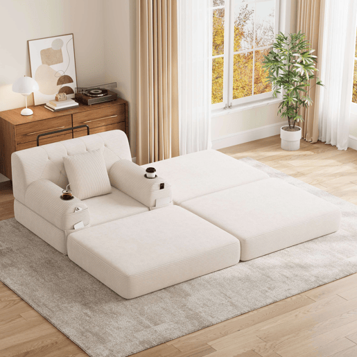Sofá-cama individual de 1 lugar - poltrona reclinável em veludo com apoio para os pés, encosto alto, estrutura metálica, espuma de alta densidade, porta-copos e bolsos laterais - Bege