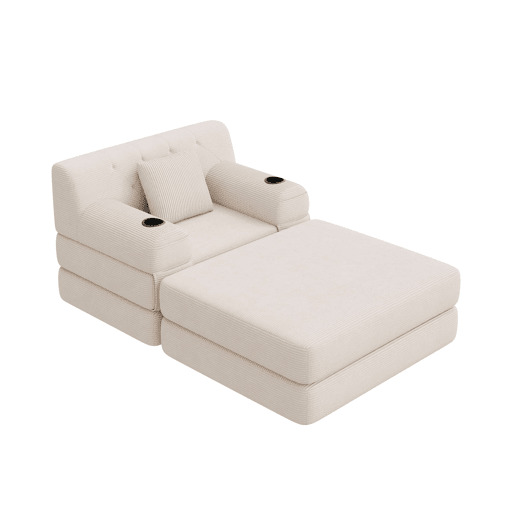 Sofá-cama individual de 1 lugar - poltrona reclinável em veludo com apoio para os pés, encosto alto, estrutura metálica, espuma de alta densidade, porta-copos e bolsos laterais - Bege