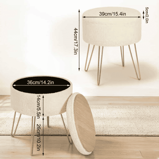 Banco redondo de 39 cm u2013 com espaço de arrumação multifuncional, assento auxiliar e mesa auxiliar u2013 Bege Banco redondo de 39 cm u2013 com espaço de arrumação multifuncional, assento auxiliar e mesa auxiliar u2013 Bege