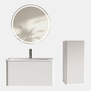 Conjunto de móveis de casa de banho de 60 cm com lavatório e espelho LED - suspenso, com armário auxiliar e espelho redondo moderno - Branco