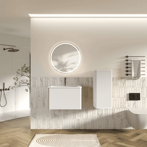Conjunto de móveis de casa de banho de 60 cm com lavatório e espelho LED - suspenso, com armário auxiliar e espelho redondo moderno - Branco Conjunto de móveis de casa de banho de 60 cm com lavatório e espelho LED - suspenso, com armário auxiliar e espelho redondo moderno - Branco