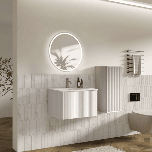 Conjunto de móveis de casa de banho de 60 cm com lavatório e espelho LED - suspenso, com armário auxiliar e espelho redondo moderno - Branco Conjunto de móveis de casa de banho de 60 cm com lavatório e espelho LED - suspenso, com armário auxiliar e espelho redondo moderno - Branco