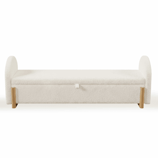 Banco baú estofado 146x47x61 cm - arrumação hidráulica, fecho suave, tecido de chenille bouclé, pés de madeira - Branco Banco baú estofado 146x47x61 cm - arrumação hidráulica, fecho suave, tecido de chenille bouclé, pés de madeira - Branco