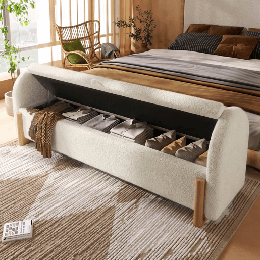 Banco baú estofado 146x47x61 cm - arrumação hidráulica, fecho suave, tecido de chenille bouclé, pés de madeira - Branco Banco baú estofado 146x47x61 cm - arrumação hidráulica, fecho suave, tecido de chenille bouclé, pés de madeira - Branco
