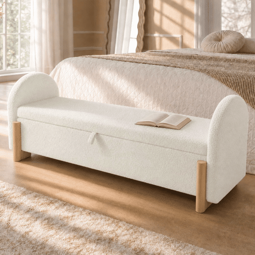 Banco baú estofado 146x47x61 cm - arrumação hidráulica, fecho suave, tecido de chenille bouclé, pés de madeira - Branco Banco baú estofado 146x47x61 cm - arrumação hidráulica, fecho suave, tecido de chenille bouclé, pés de madeira - Branco