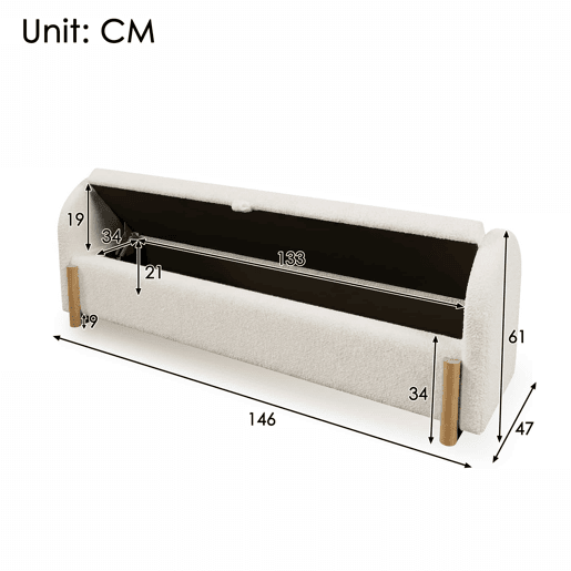Banco baú estofado 146x47x61 cm - arrumação hidráulica, fecho suave, tecido de chenille bouclé, pés de madeira - Branco Banco baú estofado 146x47x61 cm - arrumação hidráulica, fecho suave, tecido de chenille bouclé, pés de madeira - Branco