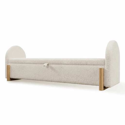 Banco baú estofado 146x47x61 cm - arrumação hidráulica, fecho suave, tecido de chenille bouclé, pés de madeira - Branco Banco baú estofado 146x47x61 cm - arrumação hidráulica, fecho suave, tecido de chenille bouclé, pés de madeira - Branco