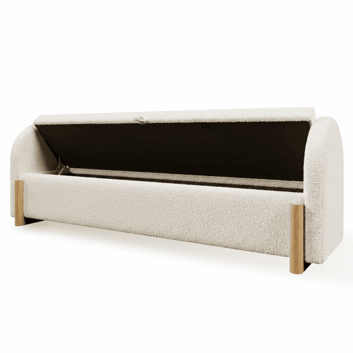 Banco baú estofado 146x47x61 cm - arrumação hidráulica, fecho suave, tecido de chenille bouclé, pés de madeira - Branco Banco baú estofado 146x47x61 cm - arrumação hidráulica, fecho suave, tecido de chenille bouclé, pés de madeira - Branco