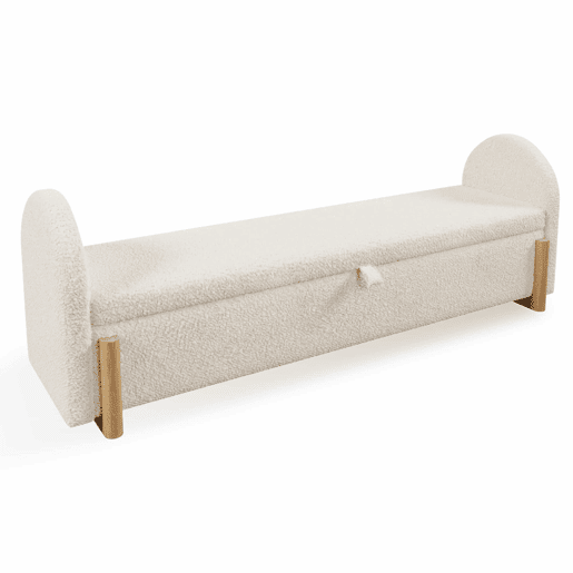Banco baú estofado 146x47x61 cm - arrumação hidráulica, fecho suave, tecido de chenille bouclé, pés de madeira - Branco Banco baú estofado 146x47x61 cm - arrumação hidráulica, fecho suave, tecido de chenille bouclé, pés de madeira - Branco
