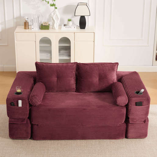 Sofá-cama de 2 lugares - em veludo, com espuma de alta densidade, núcleo de molas, almofadas Memory, porta-copos e bolsos laterais - Vermelho vinho