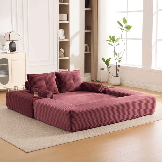 Sofá-cama de 2 lugares - em veludo, com espuma de alta densidade, núcleo de molas, almofadas Memory, porta-copos e bolsos laterais - Vermelho vinho