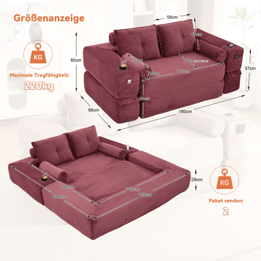 Sofá-cama de 2 lugares - em veludo, com espuma de alta densidade, núcleo de molas, almofadas Memory, porta-copos e bolsos laterais - Vermelho vinho