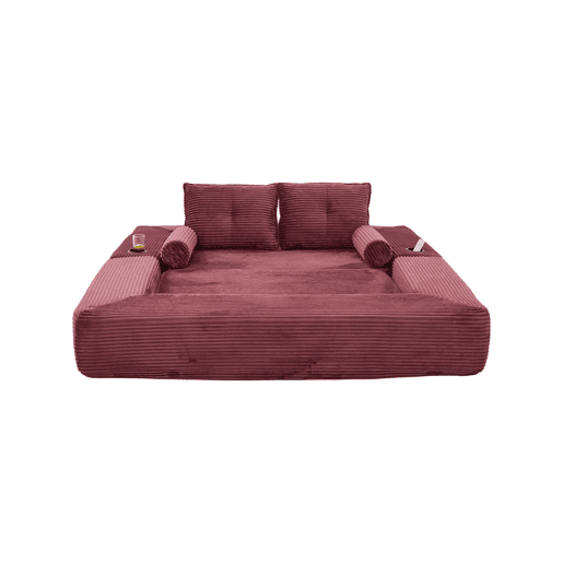 Sofá-cama de 2 lugares - em veludo, com espuma de alta densidade, núcleo de molas, almofadas Memory, porta-copos e bolsos laterais - Vermelho vinho