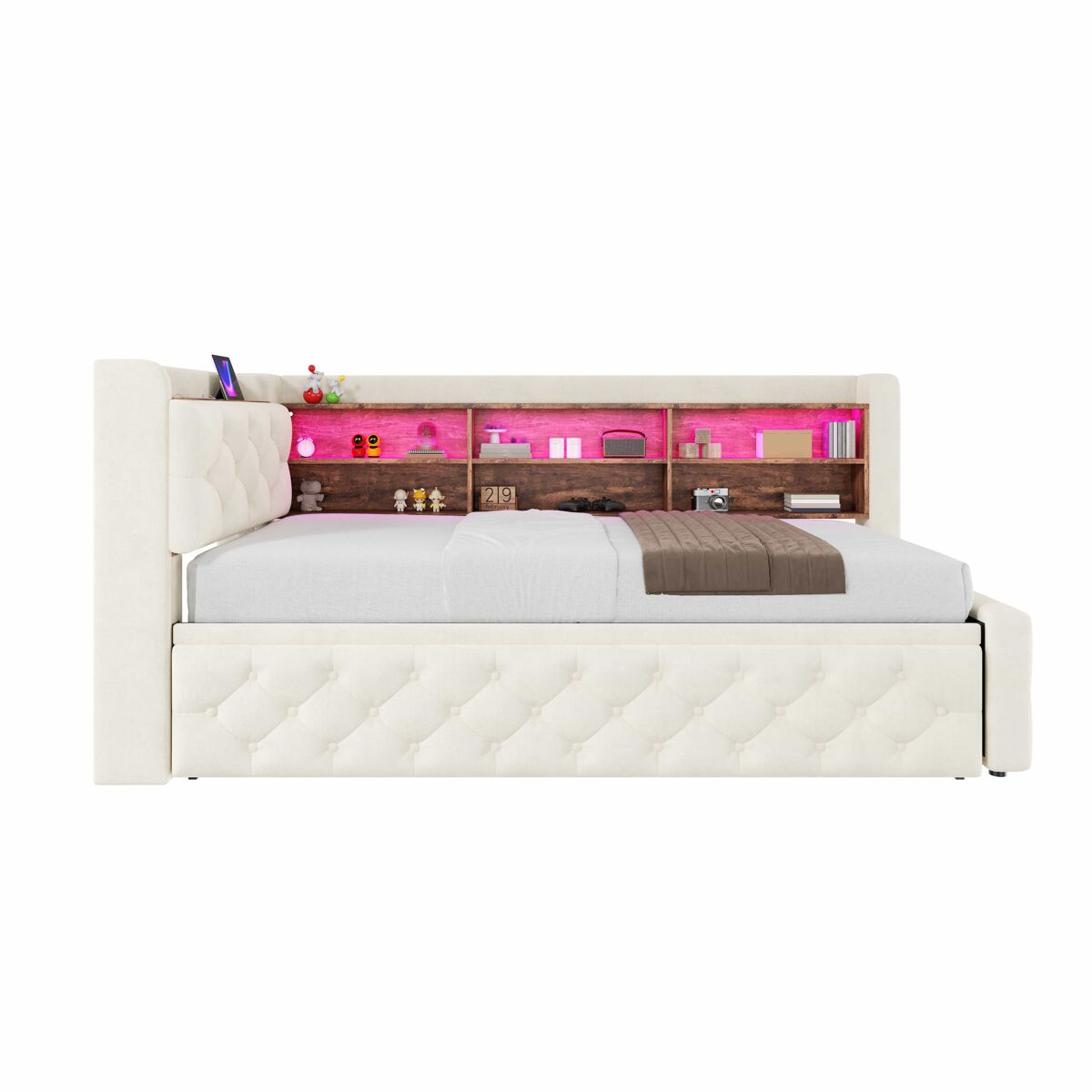 Sofá cama individual 90x190 cm - convertible con almacenaje, luz led, usb y type-c, cabecero de madera, tapizado de terciopelo - beige