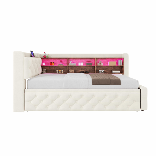 Sofá-cama individual 90x190 cm - Conversível com arrumação, luz LED, USB e Type-C, encosto em madeira, estofo em veludo - Bege Sofá-cama individual 90x190 cm - Conversível com arrumação, luz LED, USB e Type-C, encosto em madeira, estofo em veludo - Bege
