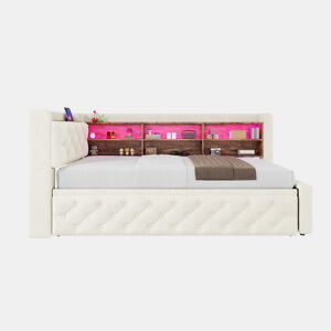 Sofá-cama individual 90x190 cm - Conversível com arrumação, luz LED, USB e Type-C, encosto em madeira, estofo em veludo - Bege