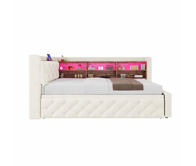 Sofá cama individual 90x190 cm - convertible con almacenaje, luz led, usb y type-c, cabecero de madera, tapizado de terciopelo - beige