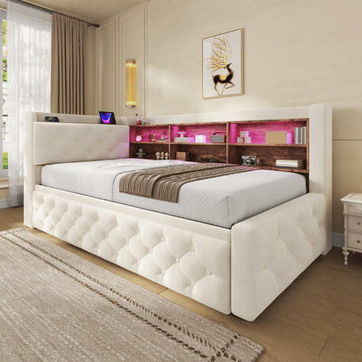 Sofá-cama individual 90x190 cm - Conversível com arrumação, luz LED, USB e Type-C, encosto em madeira, estofo em veludo - Bege Sofá-cama individual 90x190 cm - Conversível com arrumação, luz LED, USB e Type-C, encosto em madeira, estofo em veludo - Bege