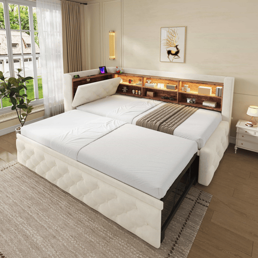 Sofá-cama individual 90x190 cm - Conversível com arrumação, luz LED, USB e Type-C, encosto em madeira, estofo em veludo - Bege Sofá-cama individual 90x190 cm - Conversível com arrumação, luz LED, USB e Type-C, encosto em madeira, estofo em veludo - Bege