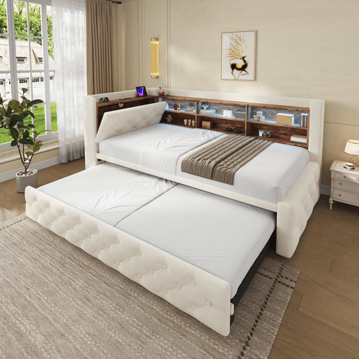 Sofá-cama individual 90x190 cm - Conversível com arrumação, luz LED, USB e Type-C, encosto em madeira, estofo em veludo - Bege Sofá-cama individual 90x190 cm - Conversível com arrumação, luz LED, USB e Type-C, encosto em madeira, estofo em veludo - Bege