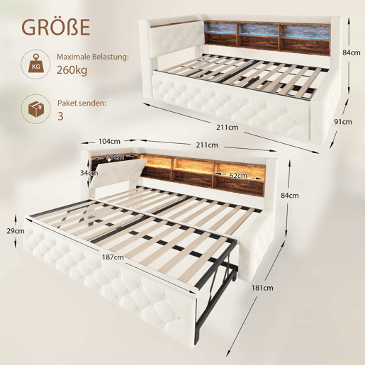 Sofá-cama individual 90x190 cm - Conversível com arrumação, luz LED, USB e Type-C, encosto em madeira, estofo em veludo - Bege Sofá-cama individual 90x190 cm - Conversível com arrumação, luz LED, USB e Type-C, encosto em madeira, estofo em veludo - Bege