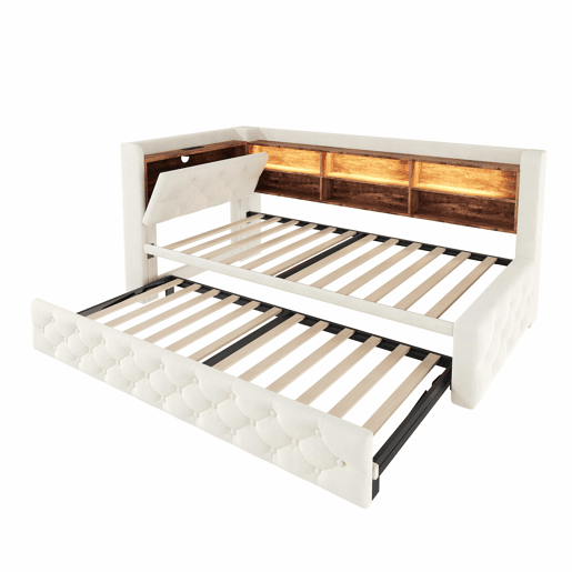 Sofá-cama individual 90x190 cm - Conversível com arrumação, luz LED, USB e Type-C, encosto em madeira, estofo em veludo - Bege Sofá-cama individual 90x190 cm - Conversível com arrumação, luz LED, USB e Type-C, encosto em madeira, estofo em veludo - Bege