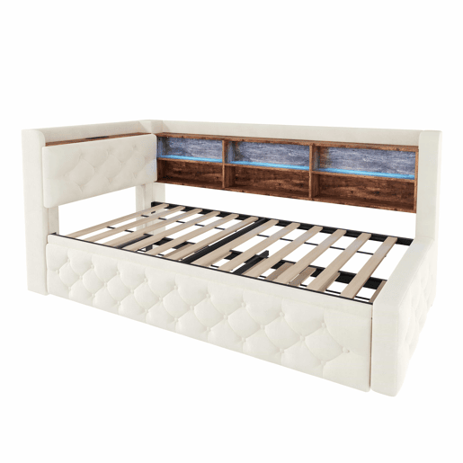 Sofá-cama individual 90x190 cm - Conversível com arrumação, luz LED, USB e Type-C, encosto em madeira, estofo em veludo - Bege Sofá-cama individual 90x190 cm - Conversível com arrumação, luz LED, USB e Type-C, encosto em madeira, estofo em veludo - Bege