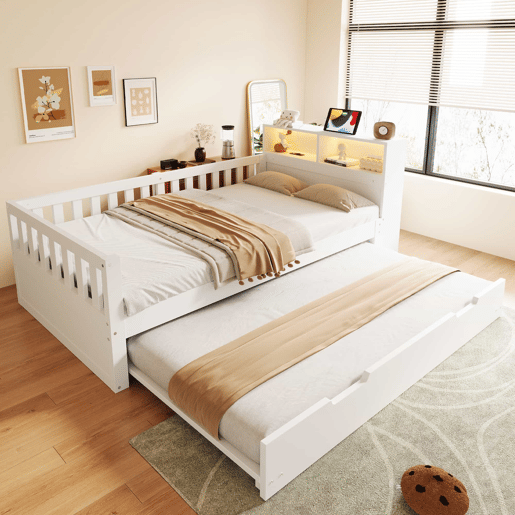 Cama infantil 90x200 cm - cama extraível, arrumação, tomada e LED, barreira de segurança - Branco